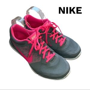 NIKE Flex Running Sneakers FitSole Size 8.5 Gray Bright Pink Laced Shoes